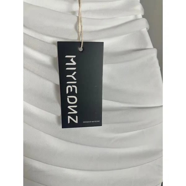MIYIEONE Women White Ruched Halter Neck Mini Bodycon Dress Ruffle Hem Size S - Image 6
