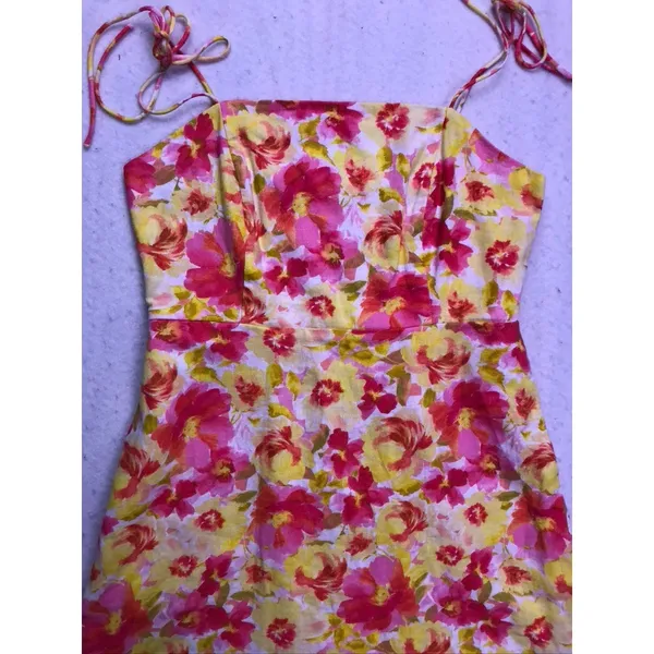 Old Navy‎ Floral Mini Dress Womens Small Pink Yellow Linen Tie Shoulder Smocked - Image 4
