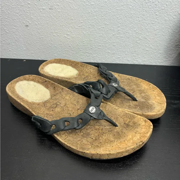 UGG Australia 7 Black‎ Leather Braided Thong Cork Flip Flops Shearling Sandals - Image 2