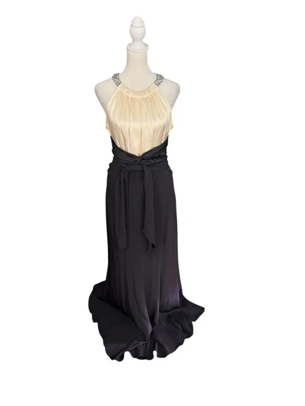 Rickie Freeman Teri Jon 100% Silk Jeweled Halter Black Ivory Formal Gown 6 - Image 4
