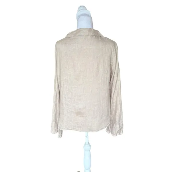 ZARA Linen Blouse Flared Bell Sleeves Button Up V Neck Beige Womens Small - Image 3