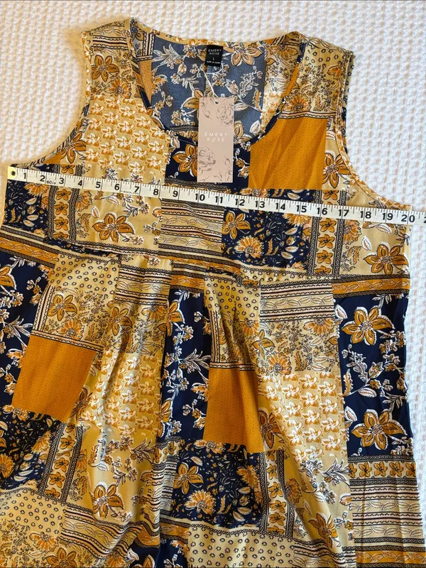 NEW! EMERY ROSE Boho Patchwork Swing Dress Mini Yellow Navy Blue Floral LARGE - Image 9