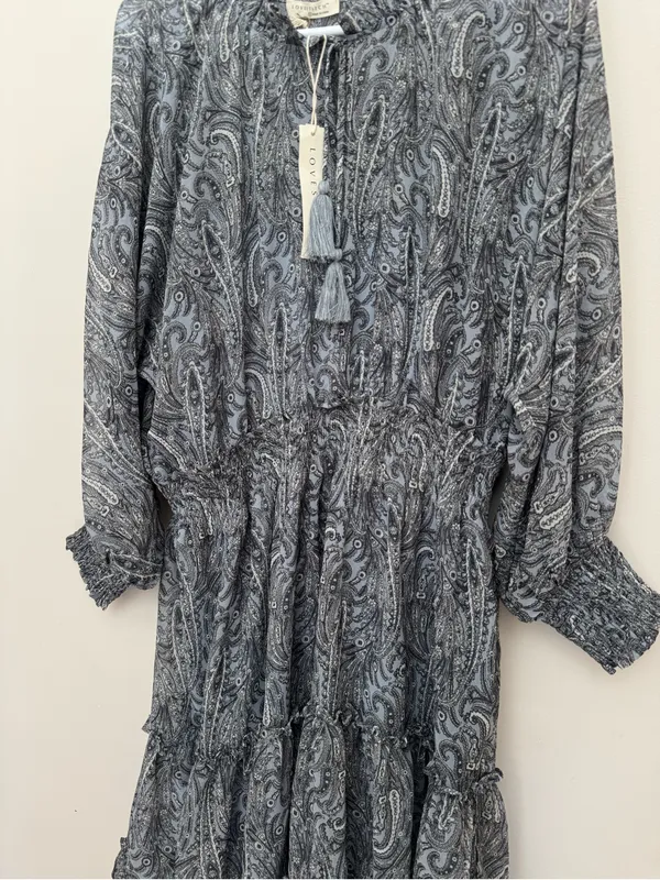 Lovestitch Paisley Boho Peasant Mini Dress Women’s Large Blue Gray Tassel NWT - Image 5
