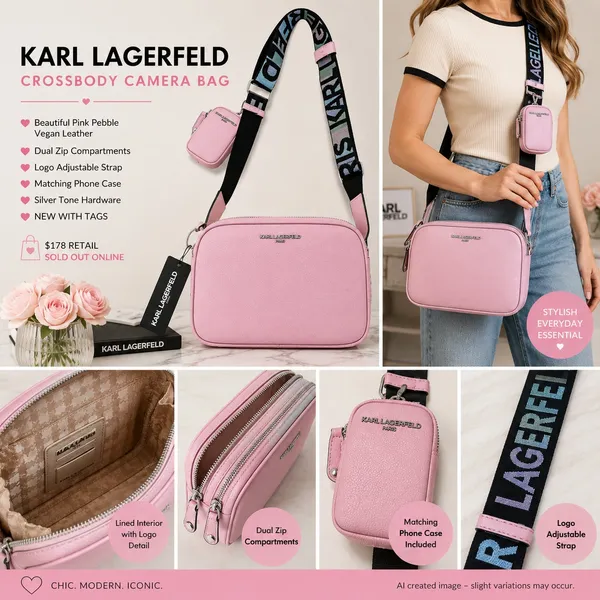 Karl Lagerfeld Purse Crossbody Pink Logo Maybelle Camera Bag Pink Zip Close NWT - Image 4