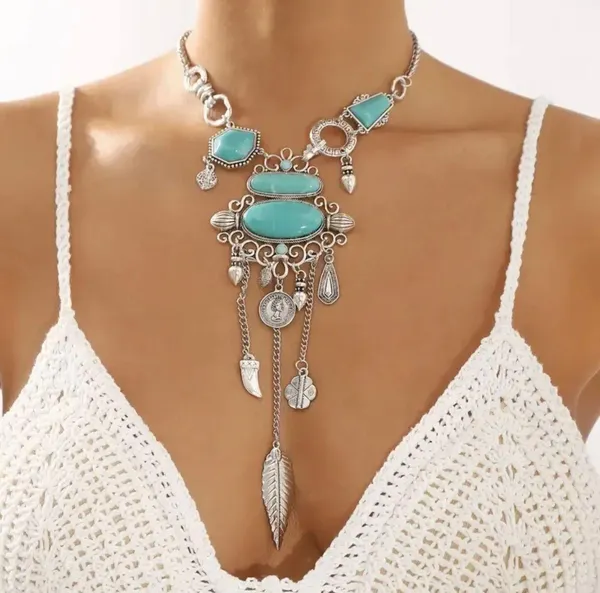 Boho Turquoise Necklace Pendant with Tassel Metal Feather - Image 3