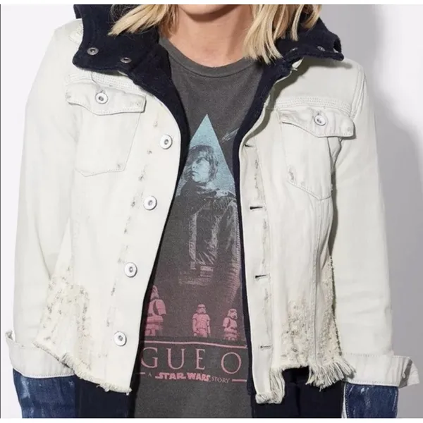 Free People Hoodie Jacket Women XS White Distressed Double‎ Weave Denim - Image 5