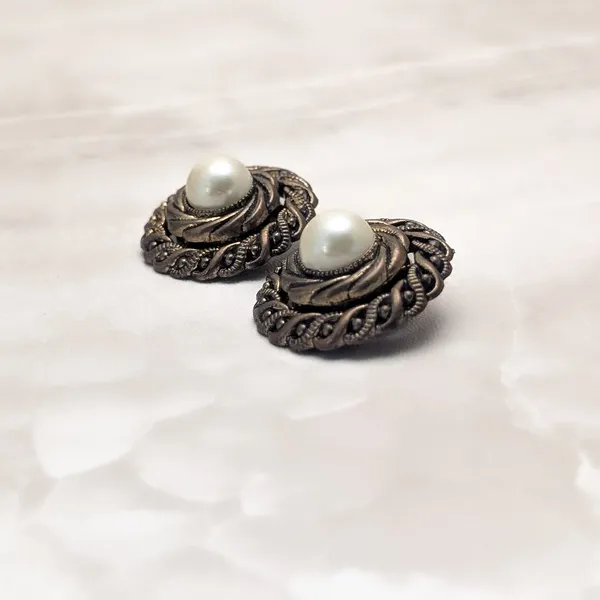 Vintage Clip On Earrings Large Chunky Statement Dark Bronzeish Tone Faux Pearl - Image 4
