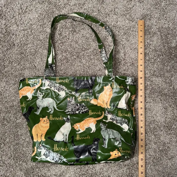 Harrods Tote Bag Womens Large Green Cat Print PVC Coated Excellent Zip Top - Image 3