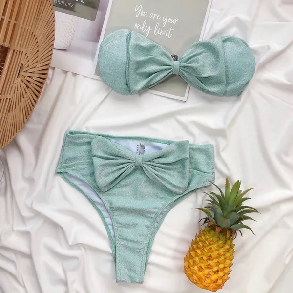 Boutique icy green bow tie high waist swimsuits - Image 2