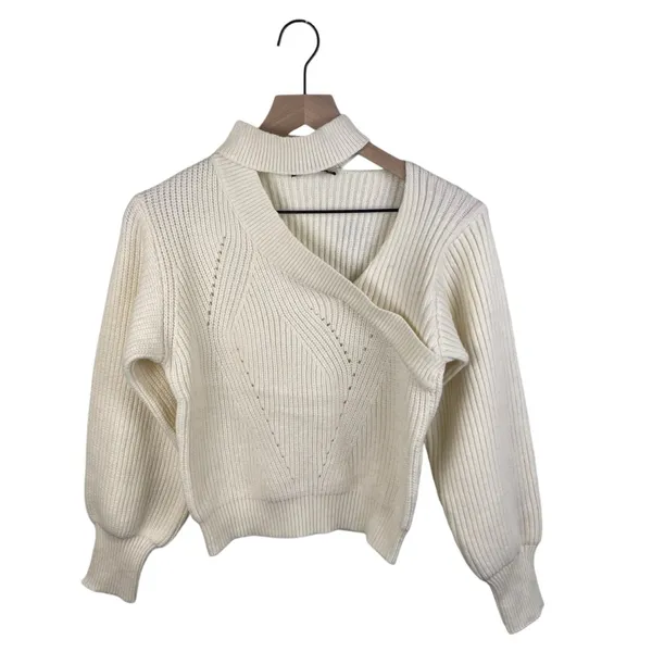 NEW Lulus Trendy Forecast Ivory Pointelle Knit Mock Neck Cutout Sweater Small - Image 4