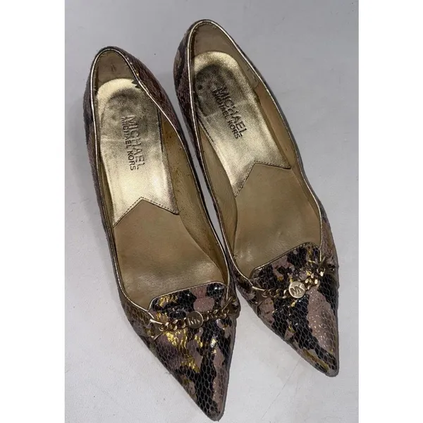 Michael‎ Kors Heels Snake Skin Leather 2" Kitten Heels MK Logo Chain Women's 8M - Image 5