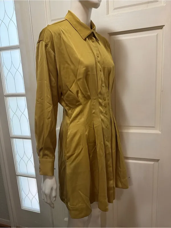 Exquise by Anthropologie Tobie Olive Green Button-Front Long-Sleeve Dress XS A - Image 3