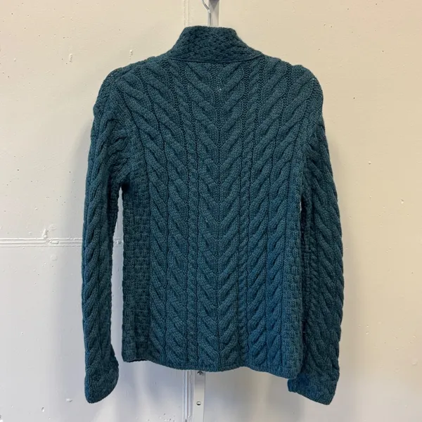 Carraig Donn Irish Merino Wool Cable Knit Cardigan Teal Blue XS Made in Ireland - Image 2