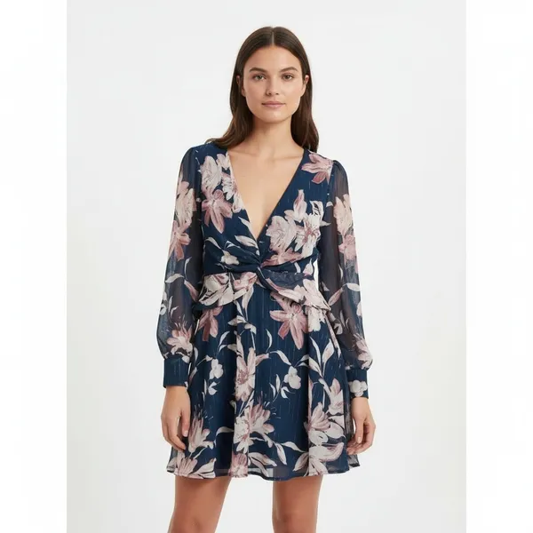 Lulus Mini Dress M Navy Floral Metallic Sheer Long Sleeve Twisted Front V-Neck - Image 2