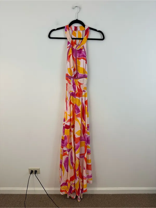 Abel the Label Orange and Pink Halter Open Back Maxi Dress Slitted Size Large - Image 2