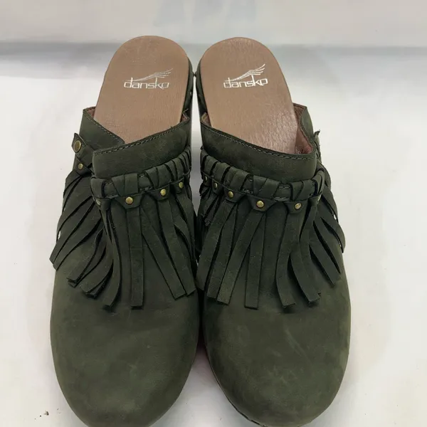 Dansko Fringe‎ Mules Sz 9 EU 42 Olive Green 3” heel New - Image 2