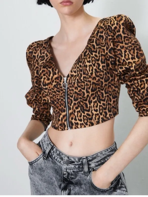 Zara Leopard-Print Zip Crop Top with Puff Sleeves - Brown/Black - Image 2