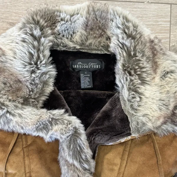 Donna Salyers Fabulous Furs Jacket S Brown Faux Suede Shearling Fur Y2K Boho - Image 2