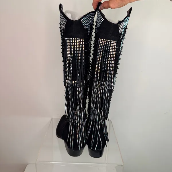 Nasty Gal Black Studded Diamante Suede Cowboy Fringe Boots - Image 3