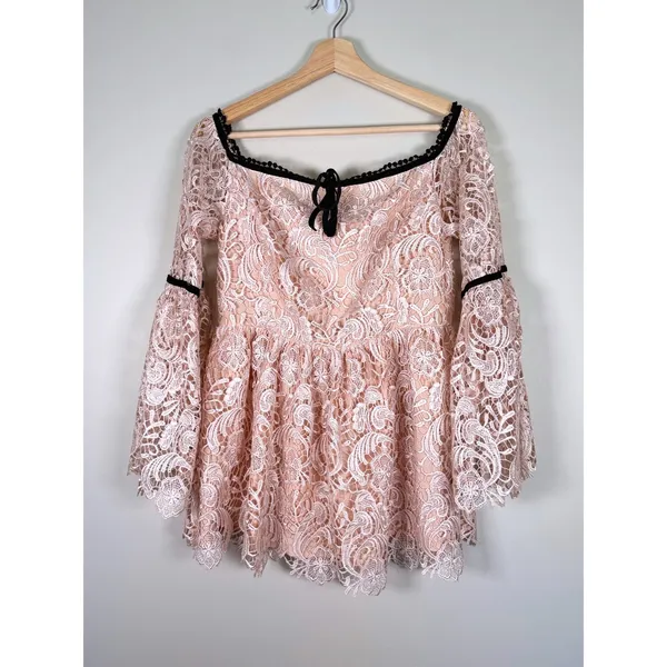 Boston Proper Pink Lace Off the Shoulder Bell Sleeve‎ Top Pom Pom Trim Size 10 - Image 2