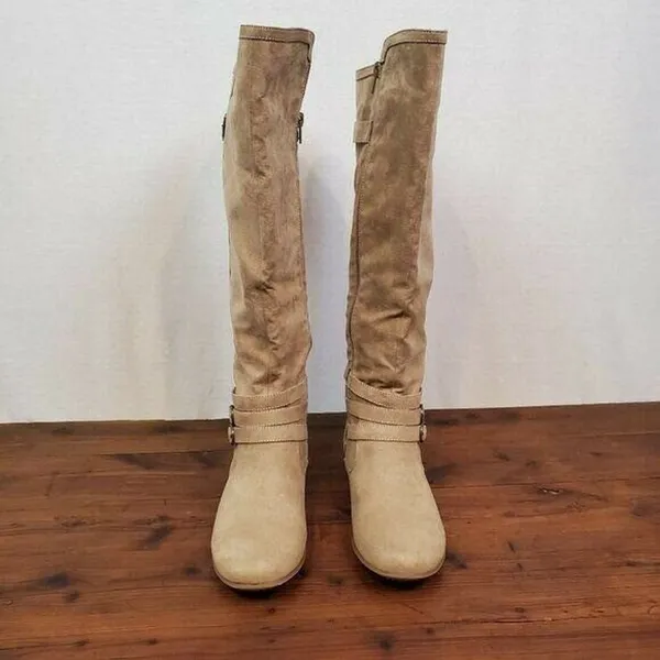 JustFab‎ Womens Boots 7 Brown Suede Knee High Zip Up Flat Pull-On Almond Toe - Image 2