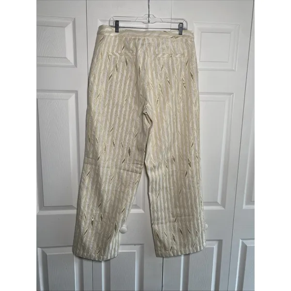 Porridge Gold Stripe Wide Leg‎ Pants Womens Size 10 White Jacquard High Rise - Image 5
