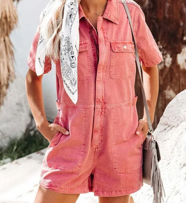 Women's Casual Distressed Zip Short Sleeve Denim Romper size small - Image 4