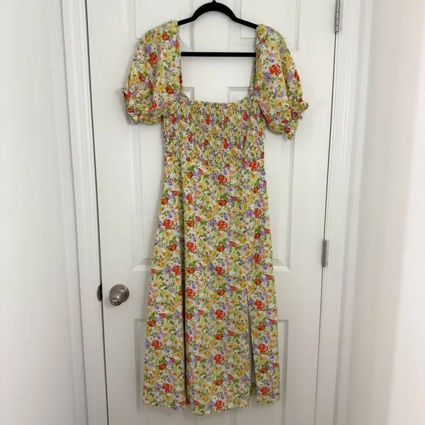 ASTR Floral Puff Sleeve Smocked Midi Dress Cottagecore Square Neck Wedding Guest - Image 3