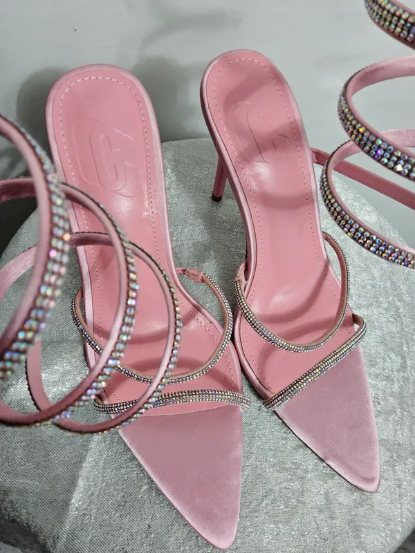 Pink Rhinestone Spiral Stiletto Heels 💎 Satin Pointed Toe | Size 8 | CG Logo)B14 - Image 8