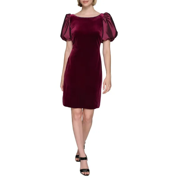 Karl Lagerfeld Puff Sleeve Stretch Velvet Body Sheath Dress Barolo Wine Red 8 - Image 7