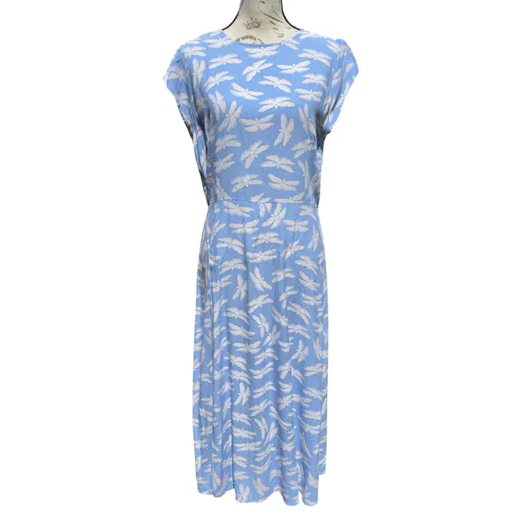 LOFT Light Blue Dragonfly Print Midi Dress Cap Sleeve Side Slit Size 10 - Image 2