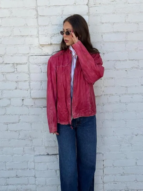Vtg Missani Le Collezioni Red Lambskin Leather bomber jacket Sz M men’s Zip Burnished GUC - Image 2