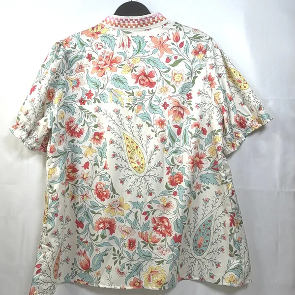 CHERYBETTY Babydoll Blouse Floral Paisley Puff Sleeve Embroidered Trim Cream‎ L - Image 5
