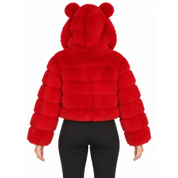 Disney Forever 21 Mickey Mouse Red Faux Fur Cropped Hooded Jacket Women’s M - Image 2