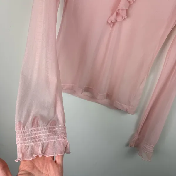 Vtg Y2K Pink Sheer Ruffle Neck Top Sz XS - Image 7