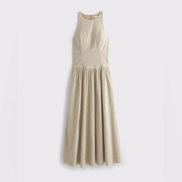 Abercrombie & Fitch Light Brown Check High Neck Drop Waist Sleeveless Midi Dress - Image 13