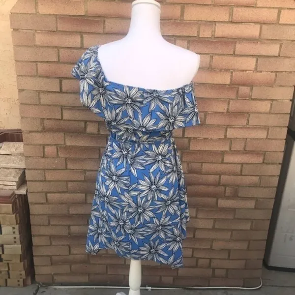 Charlotte Russe Dress XS Blue Floral Off Shoulder‎ Handkerchief Hem Tassel Belt - Image 7