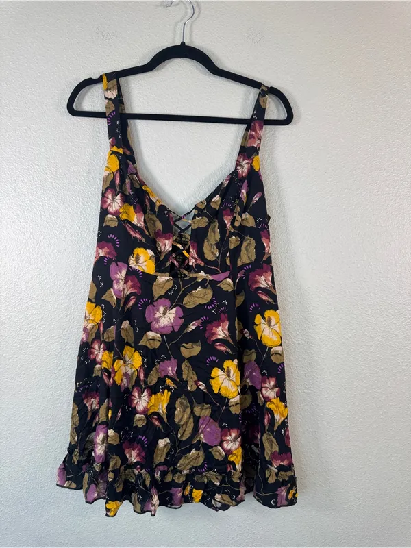 Free People Black Floral Mini Slip Dress Womens M Lattice Lovers Boho Casual - Image 12