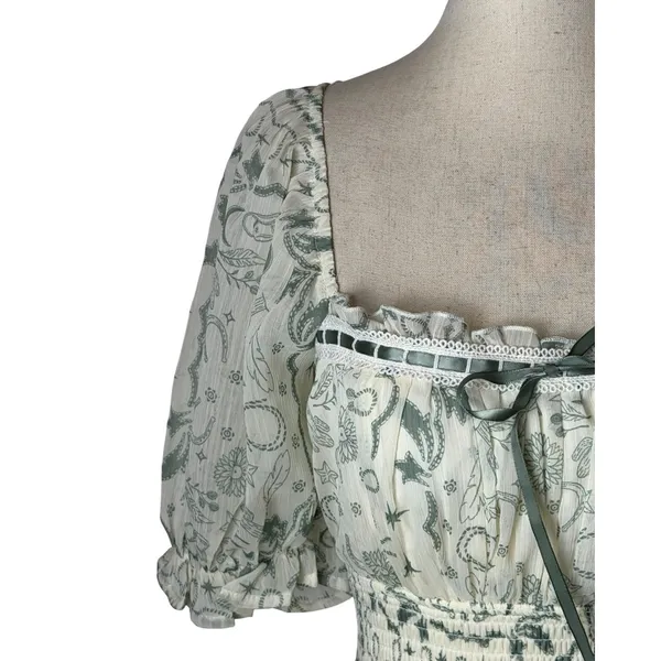 Francescas Mini Dress Women Small Green Toile Western Print Smocked Tiered Boho - Image 5