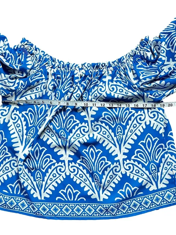 Flying Tomato Off Shoulder Artisan Boho Blouse Top Blue and White Medium - Image 7
