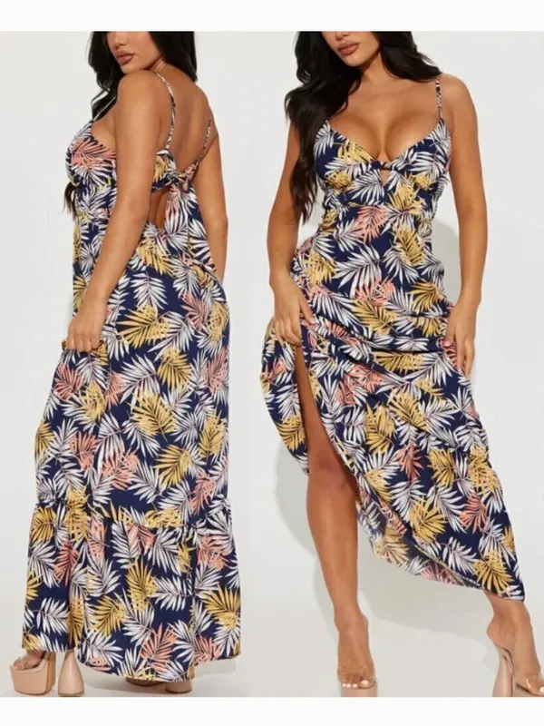 NEW NWT IRIS DISCOVERY Print Tank Maxi Dress Navy Blue Palm Leaf Leaves Floral S - Image 2