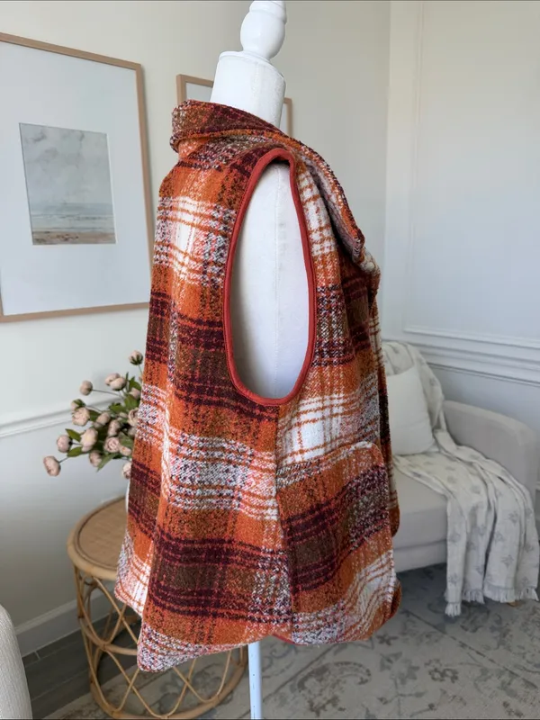 Free People Wrapped Up Blanket Vest Orange Plaid Wool Blend S - Image 9