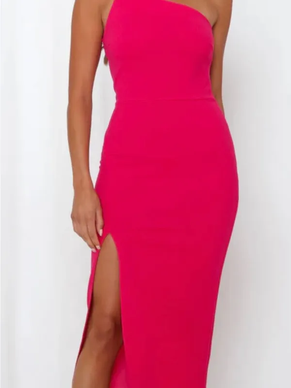 Hello Molly One-Shoulder Fuchsia Midi Dress with Side Slit - Image 3
