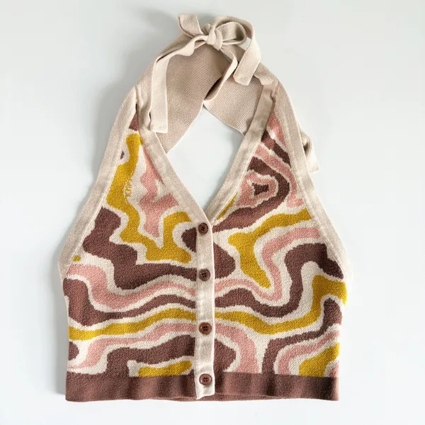 THE KRIPT Womens Swoosh Knit Retro 70s Swirl Halter Boho Festival Top Size XS/S‎ - Image 3