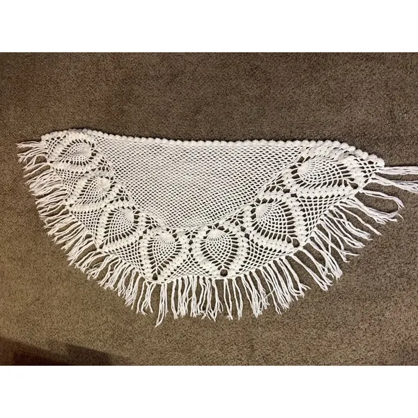 Vintage Pineapple Crochet Shawl Fringe Wrap Ivory Boho Festival One Size - Image 4