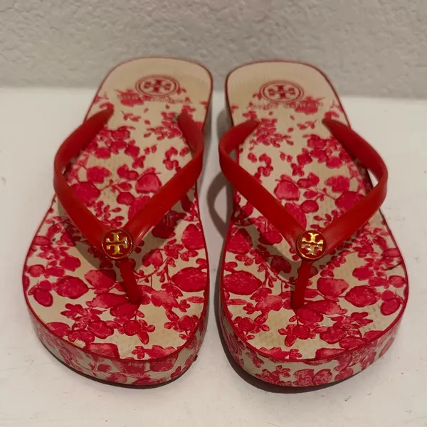 TORY BURCH Thandie Wedge Flip Flops Red Pepper / Issey Fade Floral Sandals 10 - Image 3