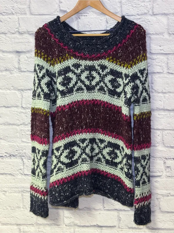 Free People Reed Fair Isle Print Chunk Knit Sweater Wool Linen Alpaca Medium - Image 2