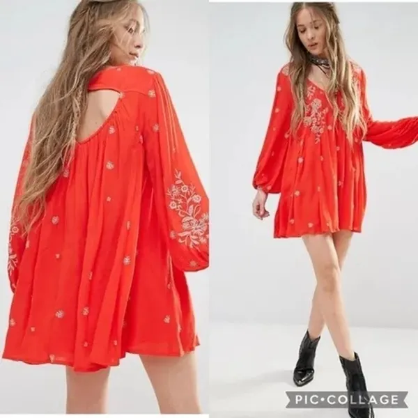 Free People Sweet Tennessee Boho Embroidered‎ Red Festival Dress - Image 5