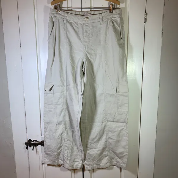 Sincerely Jules‎ Women Linen Blend Wide Leg Cargo Pants Beige Sz L Beachy Resort - Image 3
