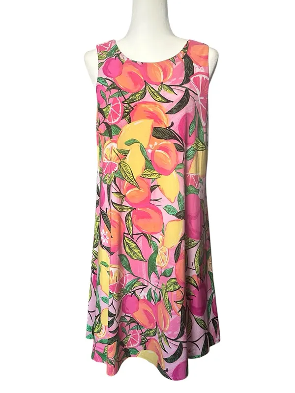 Pappagallo Gwen Peachy Keen Vibrant Summer Pink Tropical Fruit Swing Dress L - Image 3